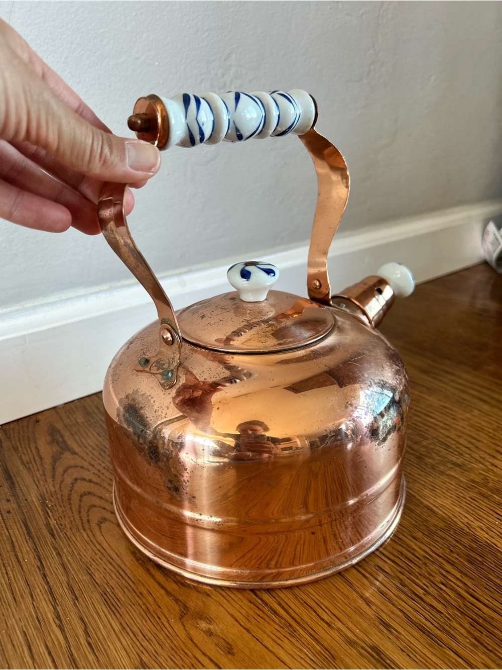 Vintage Copper Kettle with Blue and White Delft Style Porcelain